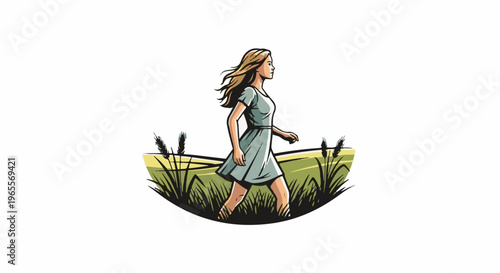 Woman in light dress walks through a grassy field with wheat stalks