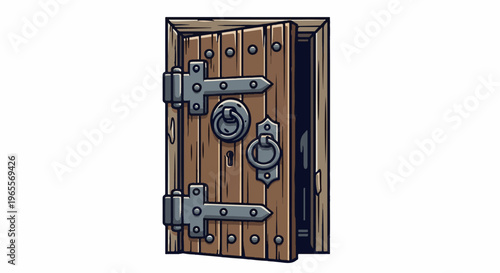 Aged wooden door with iron hardware, slightly ajar revealing darkness