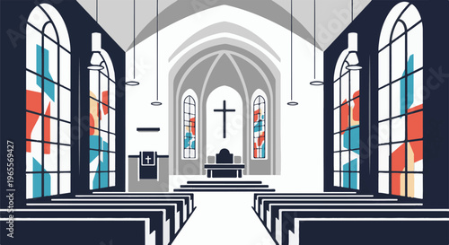 Minimalist church interior with stained glass and pews