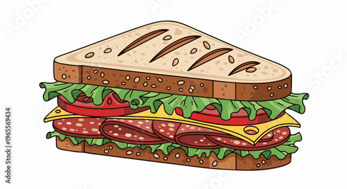 Hearty triangle sandwich with layers of toasted bread, lettuce, tomato, cheese, and salami