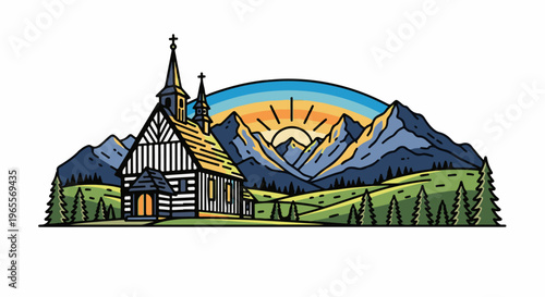 A stylized illustration depicts a charming church nestled in a serene mountain landscape at sunrise