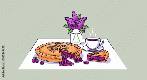 A slice of pie, a whole pie, and a steaming cup of tea