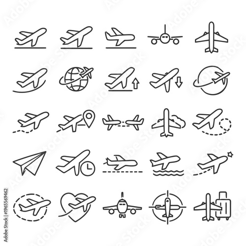 Collection of airplane icons featuring various flight positions and navigation symbols.