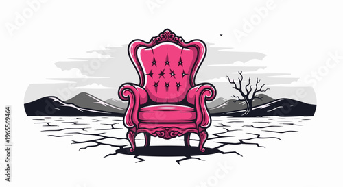 Ornate pink armchair sits on cracked dry ground with barren tree