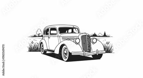 A vintage automobile sits on a country road with grassy fields and trees