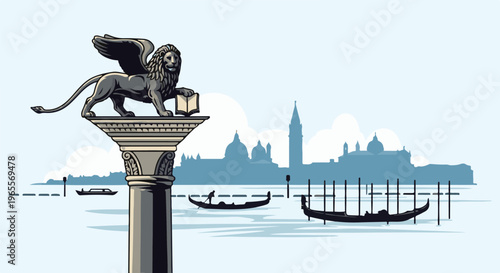 Winged lion statue on column overlooks Venetian canal with gondolas