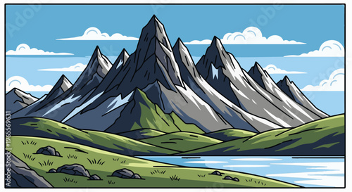 Jagged peaks rise above rolling green hills and a serene lake