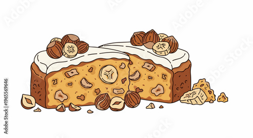 Delicious banana nut bread, frosted and garnished with nuts