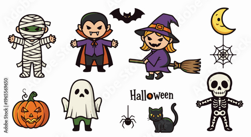 Cute Halloween characters mummy, vampire, witch, ghost, pumpkin, skeleton, cat, bat