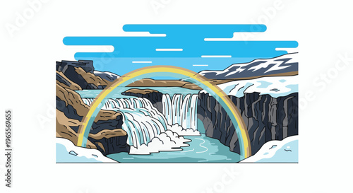 Majestic waterfall cascading down rugged cliffs under a vibrant rainbow