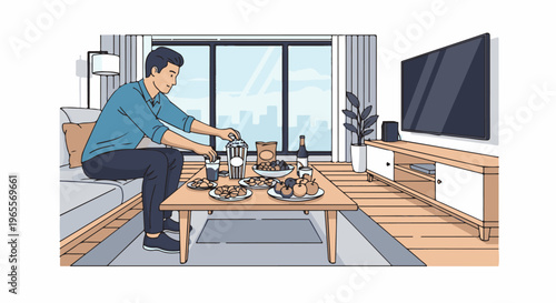 Man enjoying snacks and drinks on couch while watching TV