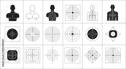 Set of Shooting Target Icons, Human Body Silhouettes and Bullseye Vectors for Training, Archery, Hunting, Sport and Business Goal Concepts