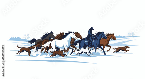 Cowboy and horses with dogs running through snow