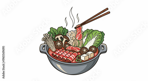 Hearty hot pot with fresh vegetables, mushrooms, and thinly sliced meats