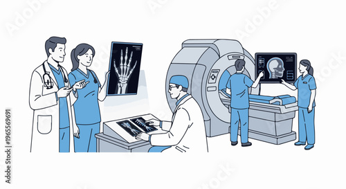 Medical professionals examine X-rays and CT scans in a clinical setting