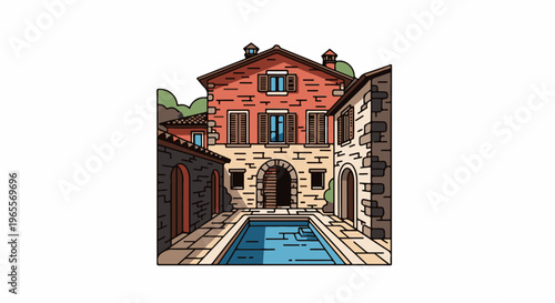 Courtyard with stone buildings and swimming pool