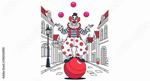 Cheerful street performer in a classic clown costume balances on a large ball