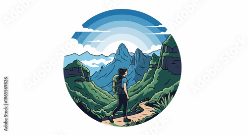 A person with a backpack hikes through a scenic mountainous landscape under a colorful sky