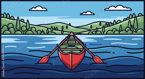 A red canoe glides across a serene blue lake under a clear sky with clouds