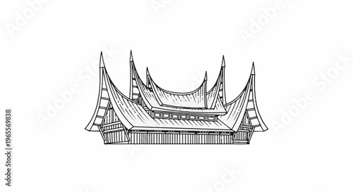 Ornate traditional building with multiple sweeping, pointed roofs and wooden facade