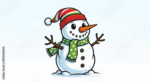 Cheerful snowman in striped hat and polka dot scarf