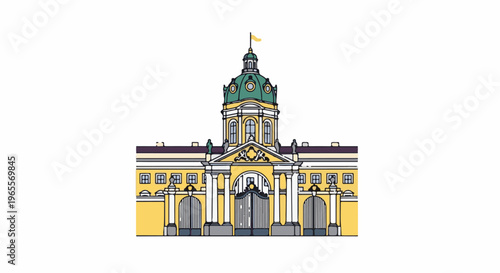 Ornate yellow palace facade with a green dome and decorative gate