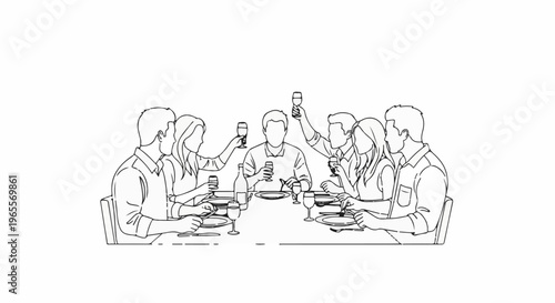 A group of people gathered around a table, raising glasses in a toast