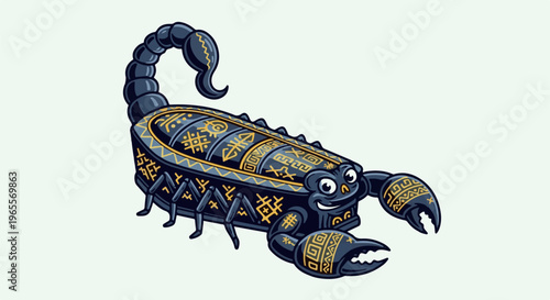 Cartoon scorpion with ornate geometric patterns on dark body