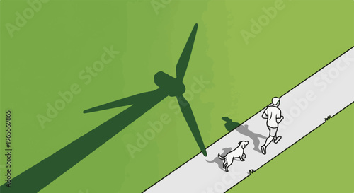 Person and dog jog on path beside large wind turbine shadow on green field