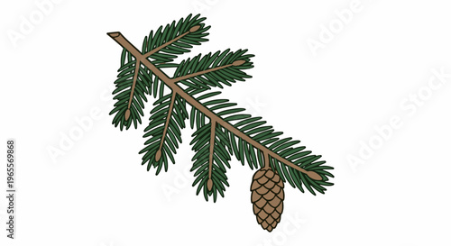 A hand-drawn pine branch with green needles and a single brown pinecone