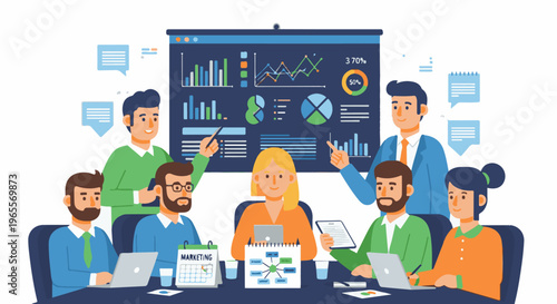 Business team meeting analyzing charts and graphs on a large screen