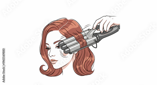 A person uses a crimping iron on their hair to create waves