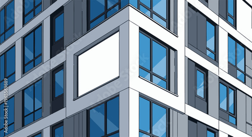 Modern architectural facade with blue windows and grey accents