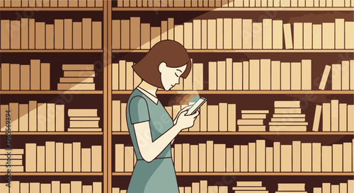 Person engrossed in a digital device against a backdrop of bookshelves