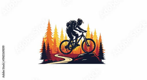 Silhouette of a cyclist performing a stunt on a rocky trail with pine trees