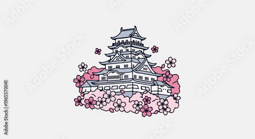 Stylized castle surrounded by pink cherry blossoms