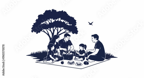 A family enjoys a picnic under a large tree in a grassy field, with sandwiches and a basket