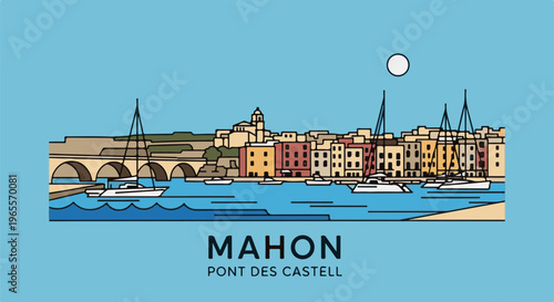 Stylized depiction of a coastal town with buildings, boats, a bridge, and a sun