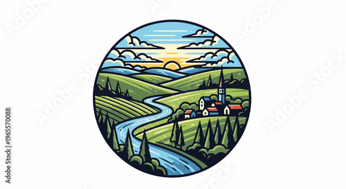 A stylized circular landscape depicts rolling green hills, a winding river, and a small village