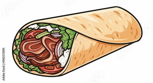 A delicious wrap filled with meat, lettuce, tomato, onion, and sauce