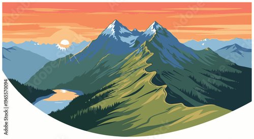 Serene mountain peaks and valley with a sunset over distant hills