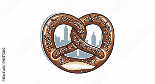 A cartoon pretzel with a city skyline silhouette