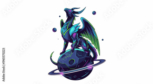 Pixelated dragon perches on a ringed planet amidst floating spheres