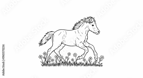 A horse with a flowing mane and tail gallops through a field of daisies