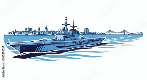 A large warship sails on the sea with a city skyline and bridge in the background