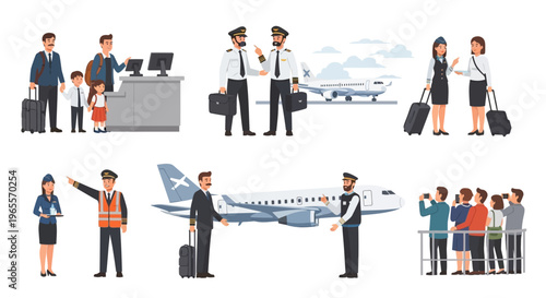 Airport scene collage: pilots, passengers, check-in, boarding, airplane, travel, staff