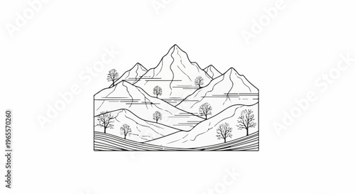 Stylized black and white mountainous landscape with trees and water features