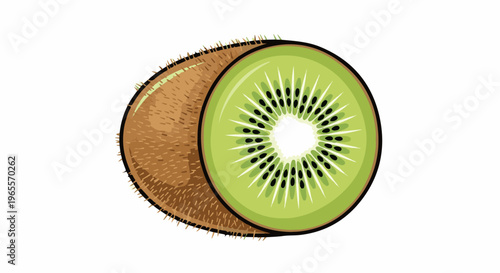 A fuzzy brown kiwi fruit is shown whole and halved, revealing bright green flesh and black seeds