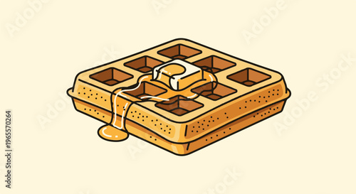 A golden waffle topped with a melting pat of butter and dripping syrup