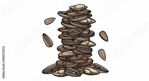 Tower of sunflower seeds, some falling, against a white background